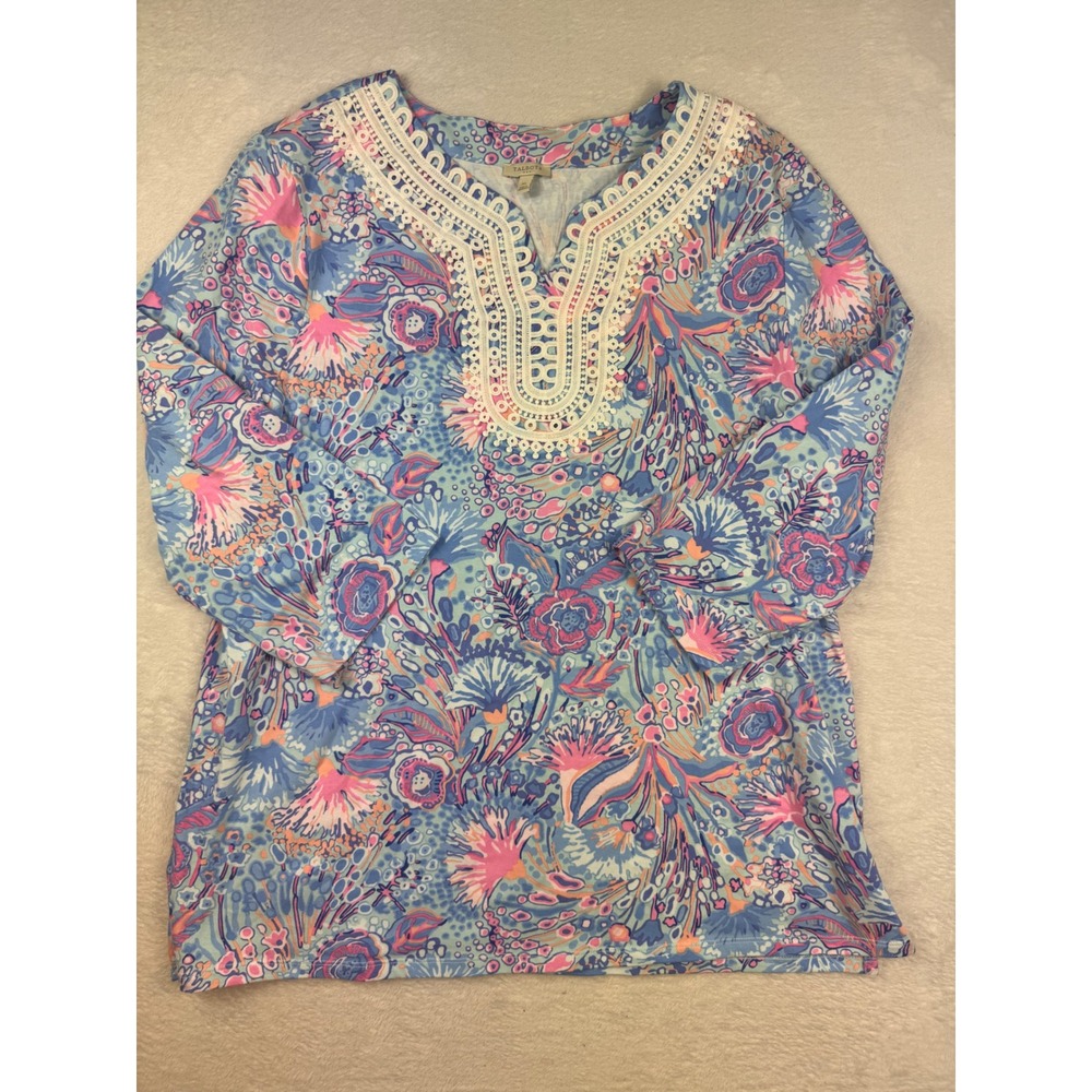 Talbots Womens XL Blue Pink Floral Coral Reef Crochet Lace Trim 3/4 Sleeve Top